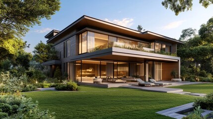Fototapeta premium Rendered exterior of a modern house with rooftop terrace and garden generative ai