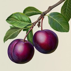 Ripe Plums on a Branch - Vintage Botanical Illustration