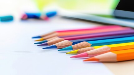 Obraz premium A row of colored pencils lined up on a table next to an open laptop, AI