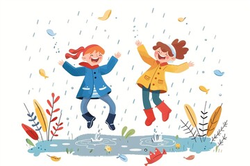 Joyful children playing in rain puddles with colorful raincoats