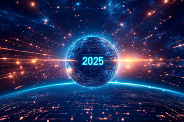 The Earth is surrounded by futuristic, indicating technological. The year "2025" is engraved in the center, symbolizing innovation, representing hope, progress, united global vision. New year poster