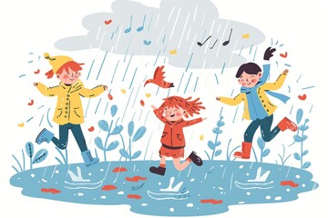 Obraz premium Cheerful children playing in rain with musical notes and hearts