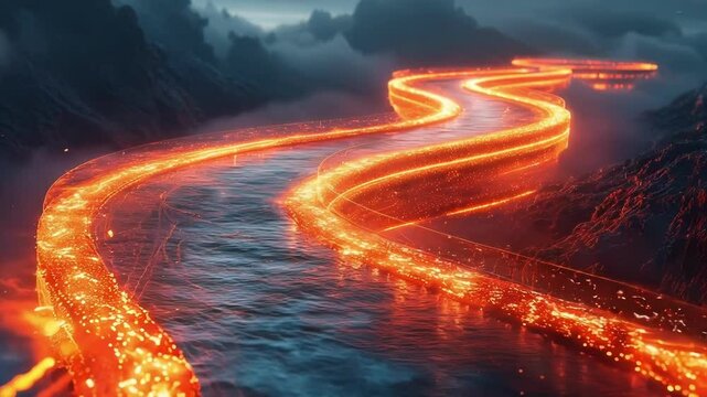 Data river flows through mountain landscape, showing technology's power and potential with glowing lines symbolizing constant information flow