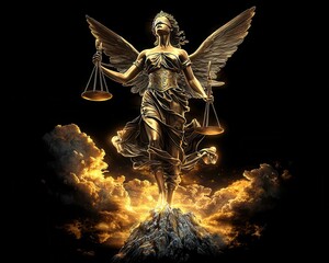 Winged Goddess of Justice Holding Scales atop Mountain Peak with Glowing Sky in Background