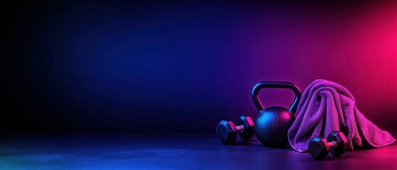 Vibrant Gym Scene with Kettlebell and Dumbbells on Neon Background for Fitness Promotions