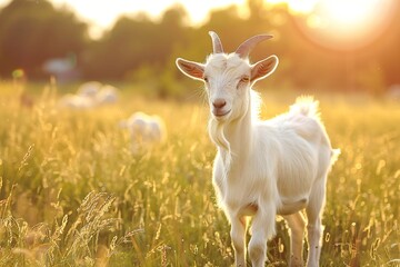 White goat standing in golden sunlit field at sunset