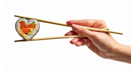 Hand using chopsticks with sushi isolated in transparent background