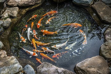 Colorful koi fish swimming in circular pattern in rocky garden pond