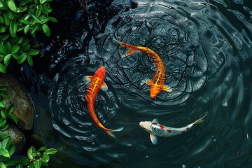 Vibrant koi fish swimming in dark pond with rippling water and green plants