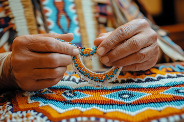 Native American Beadwork Craftsman Hands Closeup Colorful Beads Traditional Crafts Nati