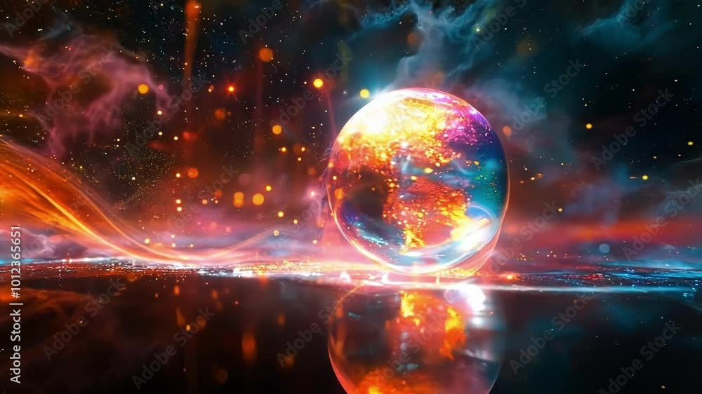Poster mesmerizing glowing sphere surrounded by swirling particles on a wet surface with billowing smoke an