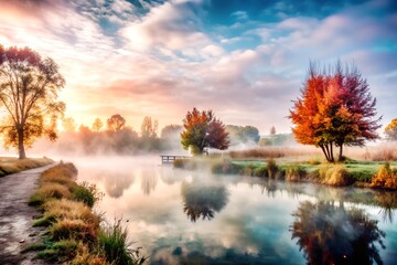 "Serene Foggy Landscape with Soft Mist | Mystical Nature Illustration for Outdoor-Themed Designs"