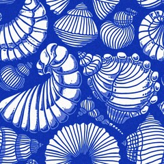 Azure blue white shell motif with linen seamless batik background, Modern coastal beach cottage rustic shell block print home decor pattern design in sealife beach style.