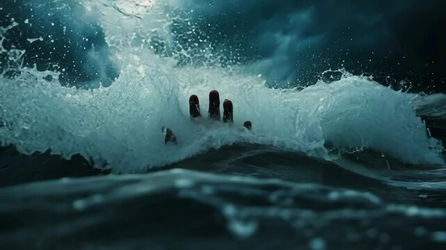 Hand reaching out of turbulent dark ocean wave