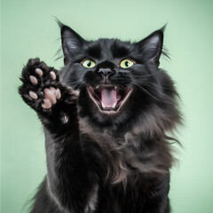 Cute Black cat saying hello or give me five greetings. Isolated on green background. For Pets and lifestyle, or for Funny Halloween concept.