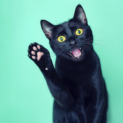 Cute Black cat saying hello or give me five greetings. Isolated on green background. For Pets and lifestyle, or for Funny Halloween concept.