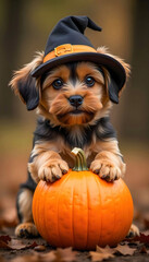 A cute Halloween dog posing with a pumpkin, featuring playful expressions and festive decorations, perfect for capturing the spirit of the holiday.