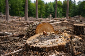 Freshly cut tree stumps in deforested area with remaining forest in background