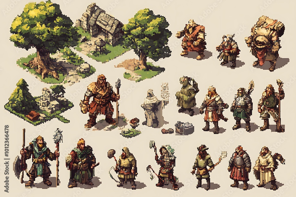 Poster fantasy rpg game asset pack, isometric characters, structures, and objects