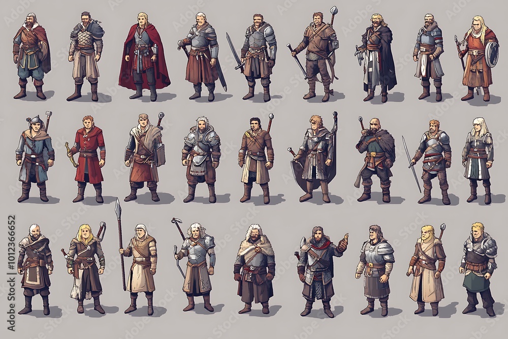 Aufkleber set of 24 fantasy rpg warrior character sprites with different armor and weapons