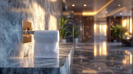 A white paper towel sits on a marble counter in a luxurious bathroom, with sunlight streaming in through the window.