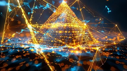 Glowing pyramid is rising from a sea of digital information representing the concept of finance, big data and success - Powered by Adobe