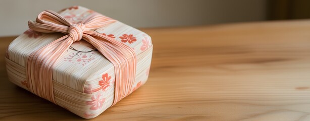 Naklejka premium Delicately wrapped traditional bento box with floral patterns resting on a wooden table. Panoramic banner with Copy space.