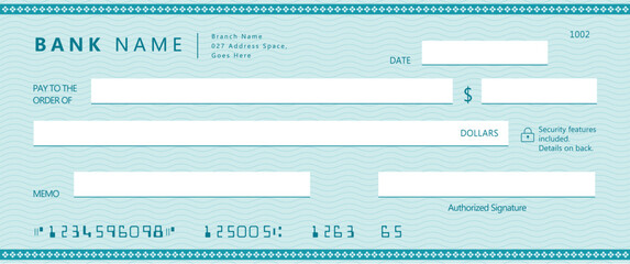 Bank check, vector blank money cheque, checkbook template with guilloche pattern and fields. Currency payment coupon, money check background