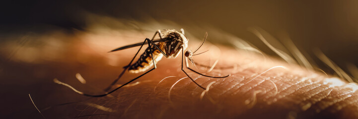 A mosquito is on a person's arm. The mosquito is black and brown