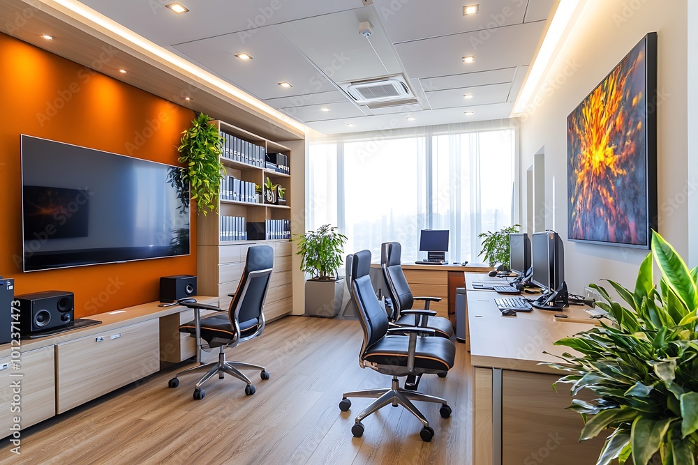 Wall mural Modern office interior with orange wall, desk, chairs, plants and large TV