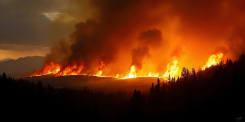 Fototapeta premium A massive wildfire consuming a dense forest, with towering flames and billowing smoke, highlighting the destructive power of nature and the impact on the environment.
