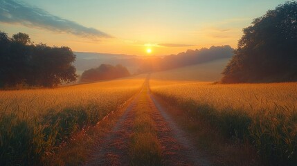 A dirt road leads through a field of golden wheat toward a glowing sunrise over rolling hills.