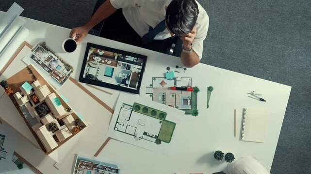 Top view of engineer drink coffee and thinking about house plan at meeting table with equipment and safety helmet scatter around. Aerial view of stressful manager looking at blueprint. Alimentation.