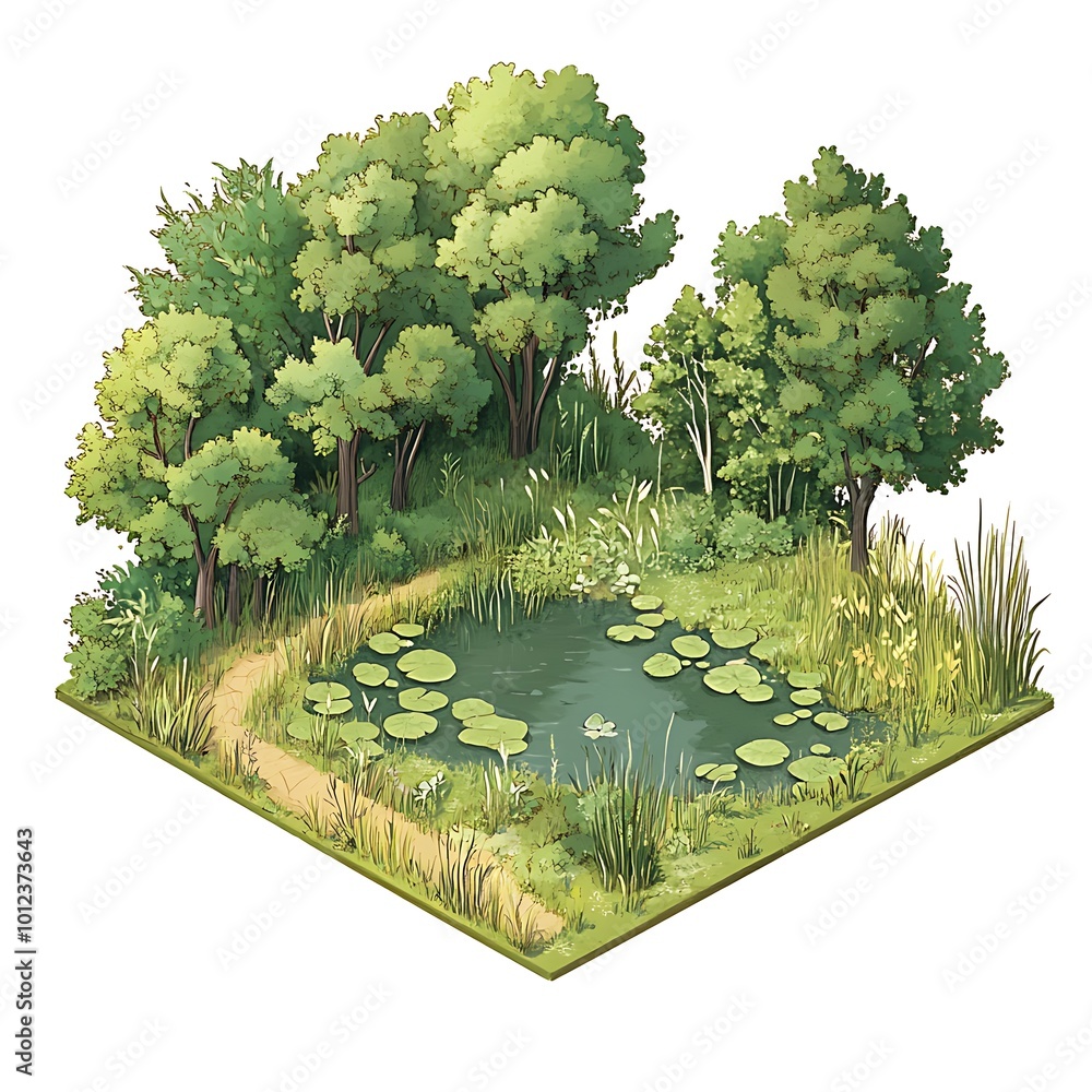 Poster isometric view of a small forest clearing with a pond and a path