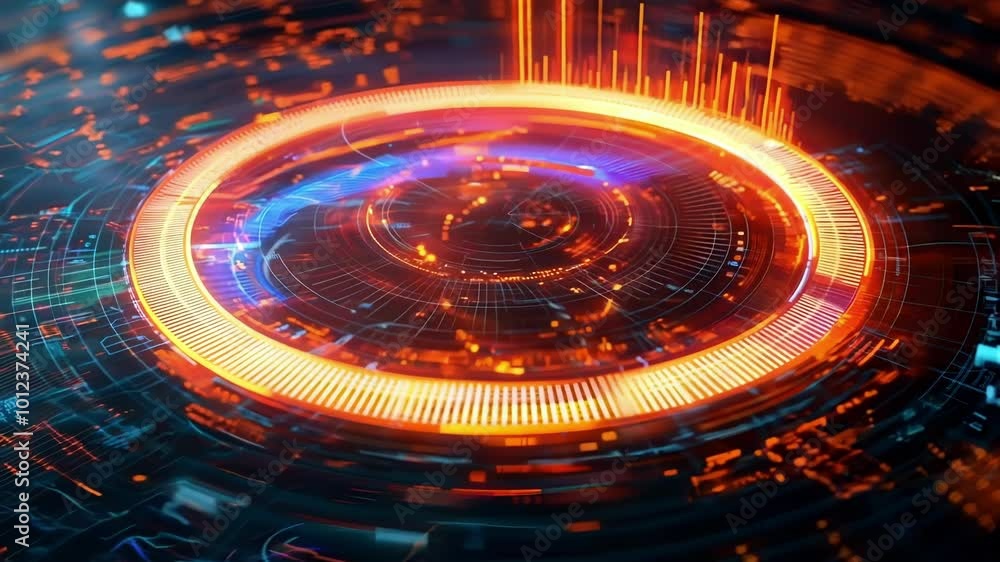 Poster vibrant orange and blue code lines form a futuristic finance circle, showcasing big data with animat