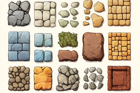 Cartoon Game Tile Set,  Stone, Cobblestone, Grass, and Dirt Textures