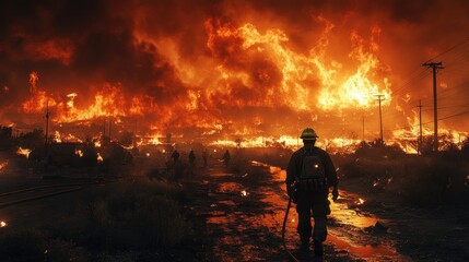 A lone firefighter walks through a burning landscape, smoke and flames engulfing the horizon, a testament to the destructive power of wildfire.