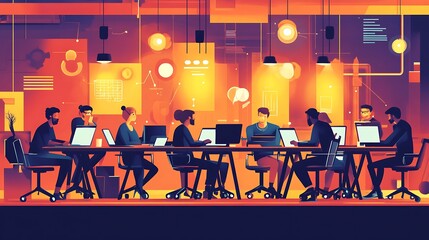 A group of entrepreneurs brainstorming ideas in a vibrant coworking space