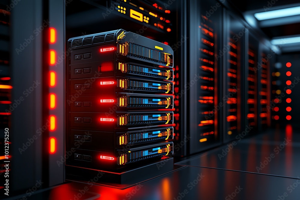 Poster A server room with flashing red warning lights, indicating a data breach, representing the vulnerability of corporate networks to data theft
