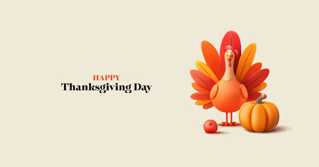 Happy Thanksgiving. 3D stylized cute turkey bird, pumpkin, apple. Modern banner for concepts and advertising of the celebration of Thanksgiving Day. Minimalist image. Vector illustration.