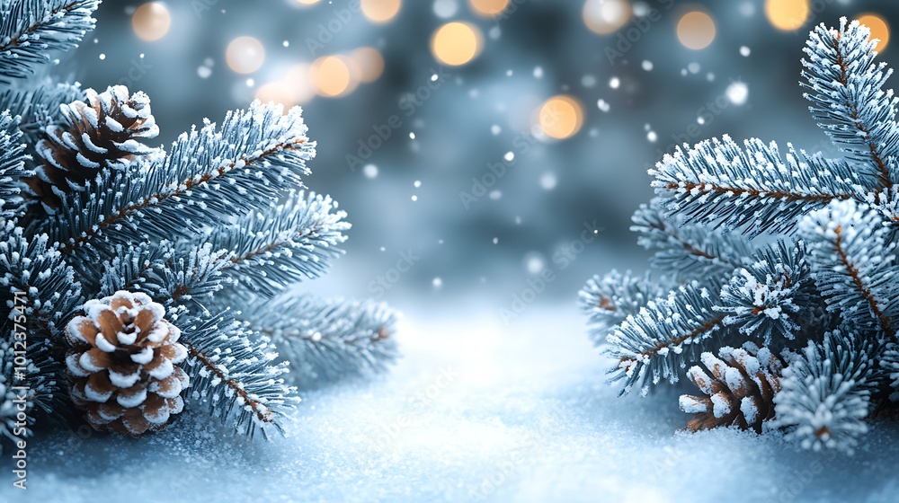 Poster snowy pine branches with bokeh lights in the background.