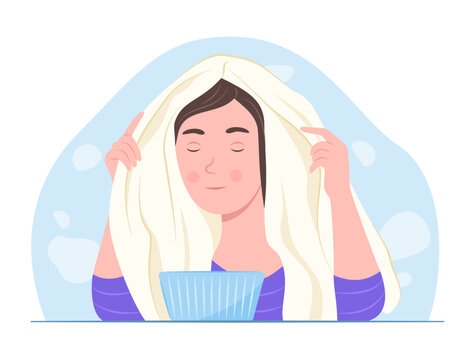 woman steaming face with towel and bowl clip art preview
