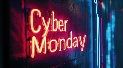 Neon cyber monday sign glows on urban wall, capturing seasonal shopping excitement and digital deals
