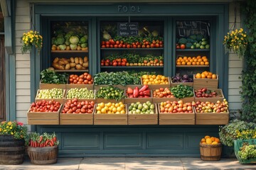 A small grocery store with a variety of fresh produce displayed in wooden crates outside.