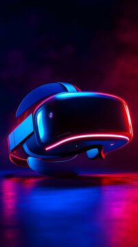 3D VR Headset with Neon Lights on Dark Background