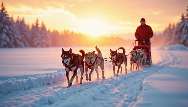 Sled dogs pulling a sled in winter scenery during sunset with a musher