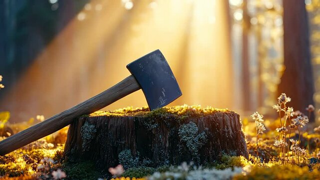 Axe on tree stump in sunlit forest, tranquil nature scene. Woodland serenity and rustic outdoors concept