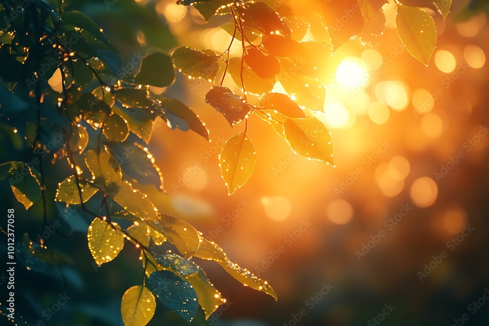 Poster golden hour sunlight shining through tree leaves with raindrops. abstract nature background with bok