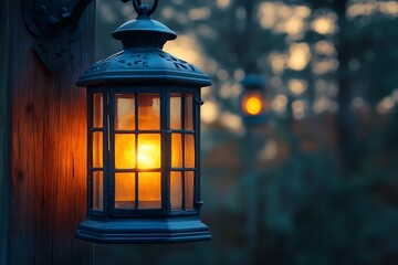Close up of an illuminated lantern hanging on a wooden post with blurry background