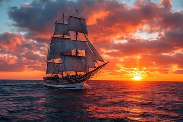 Obraz premium Sailing ship at sunset on the ocean. Beautiful and colorful sunset with a sailboat.
